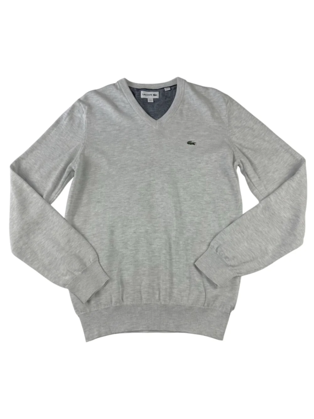 Lacoste Sweater Mens Small Gray Cotton Knit V-Neck Pullover Long Sleeve